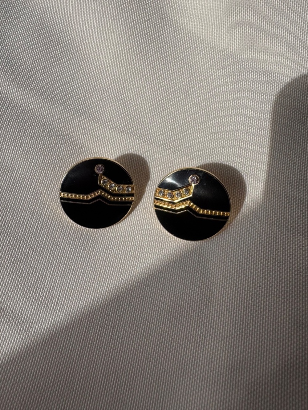 Vintage 80s Nuri Black Enamel Gold Chevron Disc Earrings Art Deco Power Dress